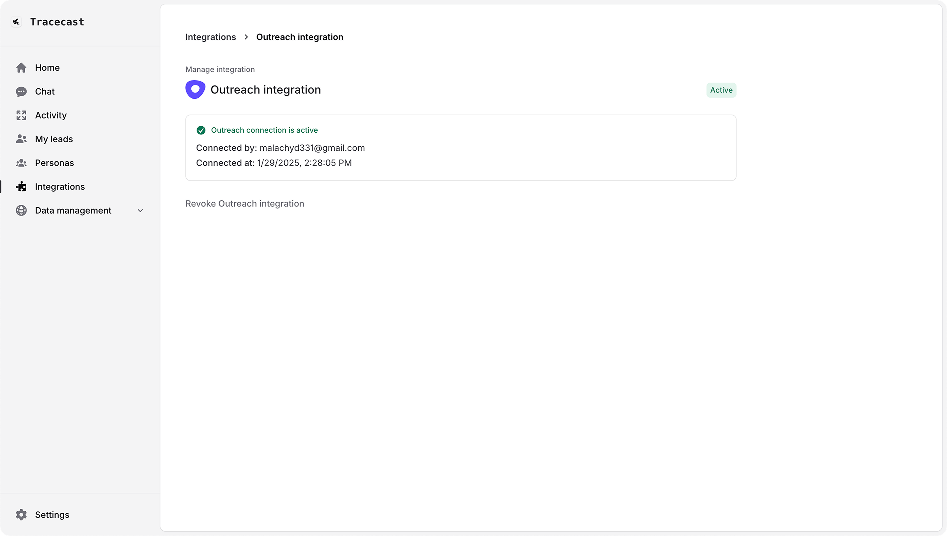 Outreach integration authorization page