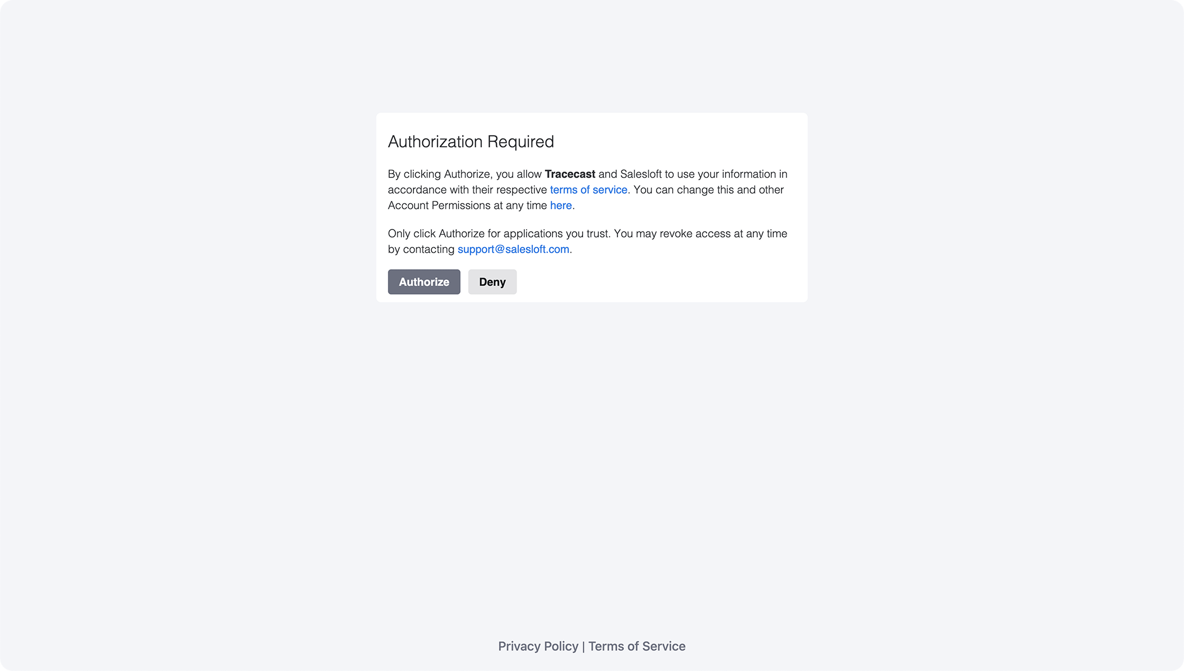 Salesloft integration authorization page